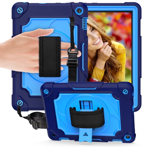 Dteck Heavy Case for Fire HD 8 Plus Tablet/ Fire HD 8 Case (10th Generation, 2020 Release), Full-body Protection Rugged Shockproof Case with 360 Rotating Stand & Shoulder Strap, Navy/Blue