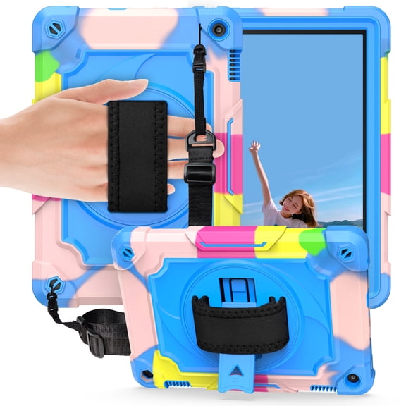 Dteck Heavy Case for Fire HD 8 Plus Tablet/ Fire HD 8 Case (10th Generation, 2020 Release), Full-body Protection Rugged Shockproof Case with 360 Rotating Stand & Shoulder Strap, Rainbow Blue