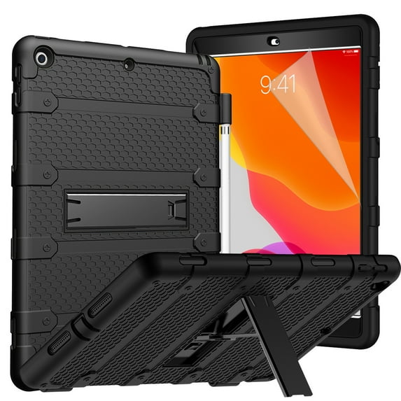 Dteck Heavy Duty Case For iPad 10.2" 7th Generation with Pencil Holder, Armor Defender Rugged Shockproof Kickstand Protective Hybrid Kids Child Proof Cover With PET Screen Protector, Black
