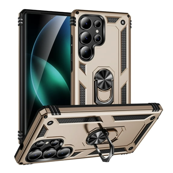 Dteck Heavy Duty Case for Samsung Galaxy S25 Ultra Phone Case with Metal Ring Magnetic Kickstand, Military Grade Shockproof Rugged Protective Cover for Galaxy S25 Ultra ,Gold