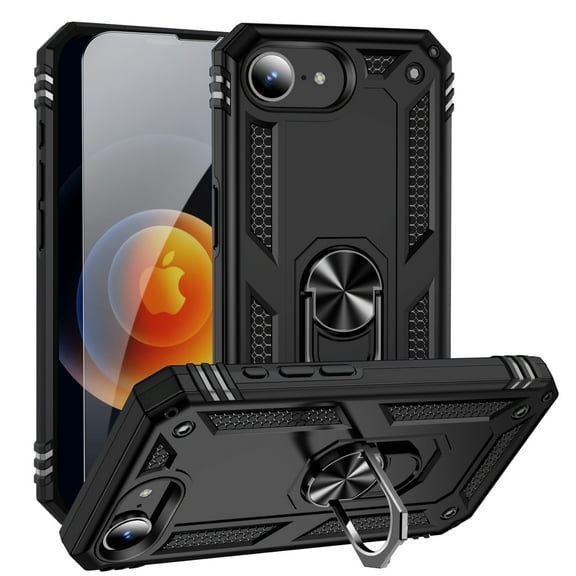 Dteck Heavy Duty Case with Tempered Glass Screen Protector for iPhone 16e Phone Case with Metal Ring Magnetic Kickstand, Military Grade Shockproof Rugged Protective Cover,Black