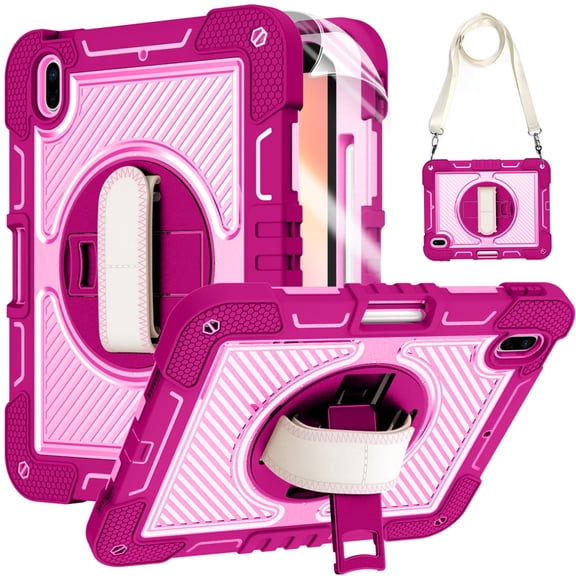 Dteck for iPad A16 11th Generation Case 2025 with Screen Protector, for iPad 10th Gen 10.9 inch Case with Crossbody Shoulder/Hand Strap Rotatable Stand, Heavy Duty Shockproof Rugged Shell,Rose+Pink