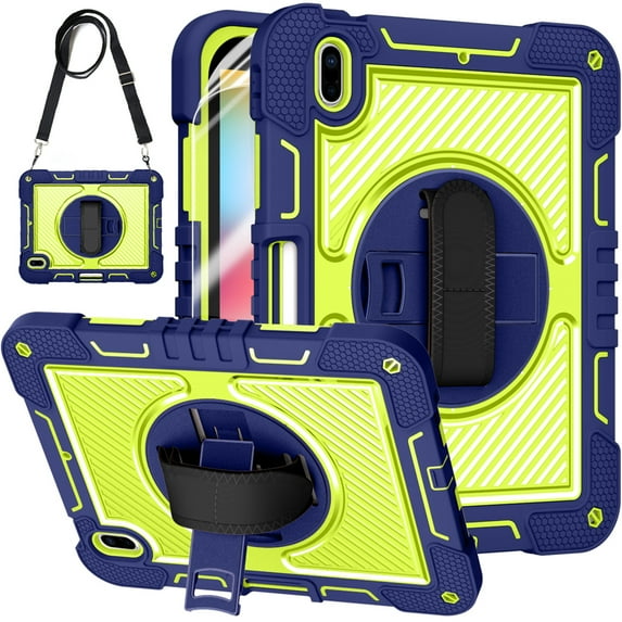 Dteck Heavy Duty for iPad 10th Generation Case with Screen Protector Film, 2022 iPad 10.9 inch Case with Crossbody Shoulder/Hand Strap Rotatable Stand, Hybrid Shockproof Rugged Shell,Navy+Green