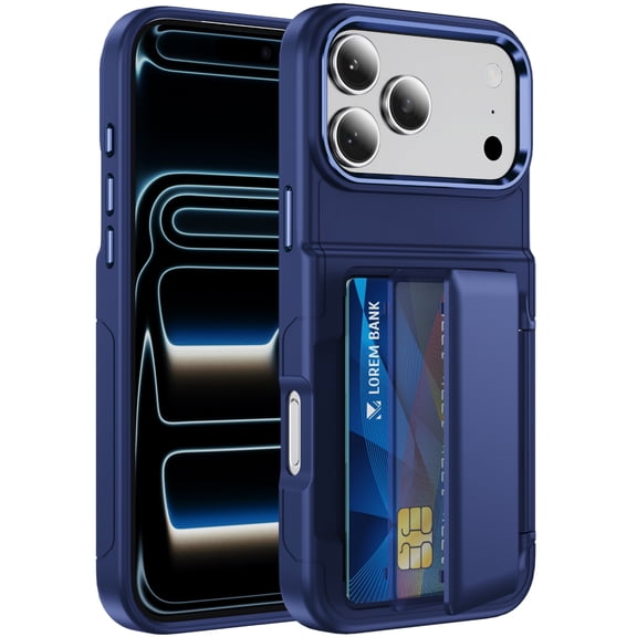Dteck Hidden Wallet Back Case for iPhone 17 Pro Max,Shockproof TPU+PC Case with Credit Card Slot RFID Blocking Kickstand Cover,Blue