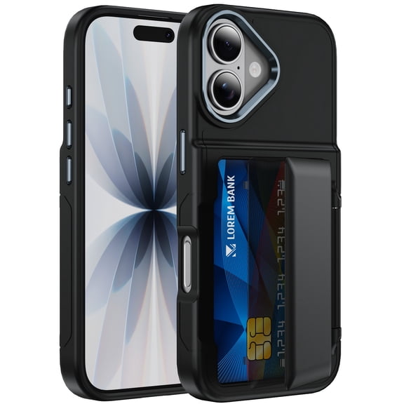 Dteck Hidden Wallet Back Case for iPhone 17,Shockproof TPU+PC Case with Credit Card Slot RFID Blocking Kickstand Cover,Black