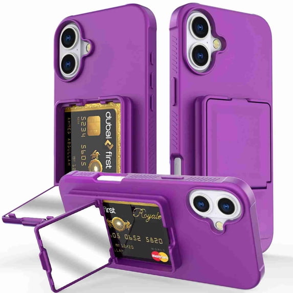 Dteck Hidden Wallet Cash Slot Case for iPhone 16, Heavy Duty Hard PC + Soft TPU Bumper Protective Rugged Cover with Built-in Mirror, Shockproof Dual Credit Card Holder Slim Case, Darkpurple