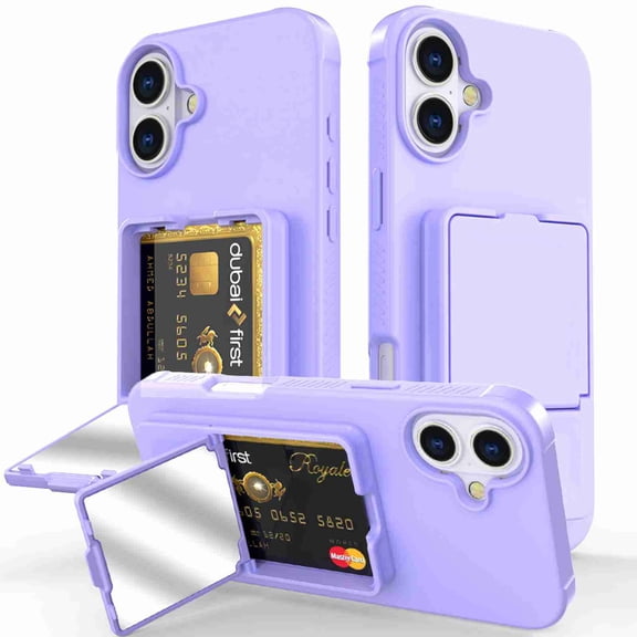 Dteck Hidden Wallet Cash Slot Case for iPhone 16, Heavy Duty Hard PC + Soft TPU Bumper Protective Rugged Cover with Built-in Mirror, Shockproof Dual Credit Card Holder Slim Case, Purple