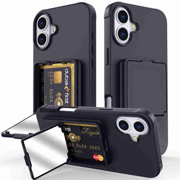 Dteck Hidden Wallet Cash Slot Case for iPhone 16 Plus, Heavy Duty Hard PC + Soft TPU Bumper Protective Rugged Cover with Built-in Mirror, Shockproof Dual Credit Card Holder Slim Case, Black