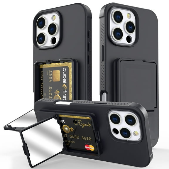 Dteck Hidden Wallet Cash Slot Case for iPhone 16 Pro, Heavy Duty Hard PC + Soft TPU Bumper Protective Rugged Cover with Built-in Mirror, Shockproof Dual Credit Card Holder Slim Case, Black