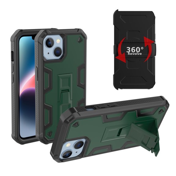 Dteck Holster Case with Belt Clip for iPhone 14 Plus, Heavy Duty Shell Holster Rugged Phone Cover with Kickstand Compatible with iPhone 14 Plus,Deep Green