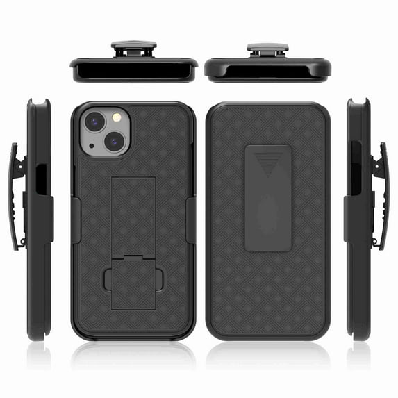 Dteck Holster Case Compatible with iPhone 13, Combo Shell & Holster Slim Shell Case for Men with Built-in Kickstand + Swivel Belt Clip Holster for Apple iPhone 13 2021 ONLY , Black