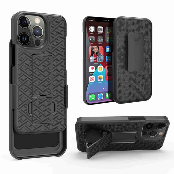 Dteck Holster Case Compatible with iPhone 13 Pro Max, Combo Shell & Holster Slim Shell Case for Men with Built-in Kickstand + Swivel Belt Clip Holster for Apple iPhone 13 Pro Max 2021 ONLY , Black