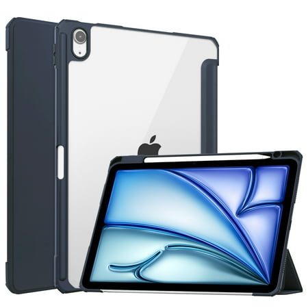 Dteck Hybrid Slim Case for iPad Air 11-inch M2 (2024), Trifold Standing ShockAirof Airtective Cover with Clear Transparent Back Shell Built-in Pencil Holder for iPad Air 11" 2024,Darkblue