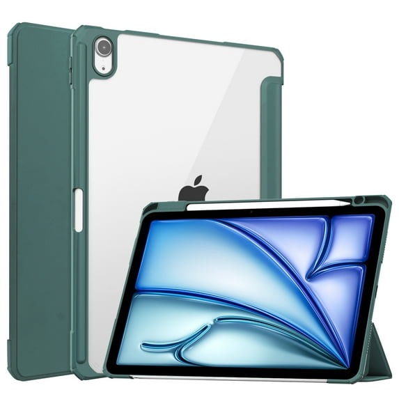Dteck Hybrid Slim Case for iPad Air 13-inch M2 (2024), Trifold Standing ShockAirof Airtective Cover with Clear Transparent Back Shell Built-in Pencil Holder for iPad Air 13" 2024,Darkgreen