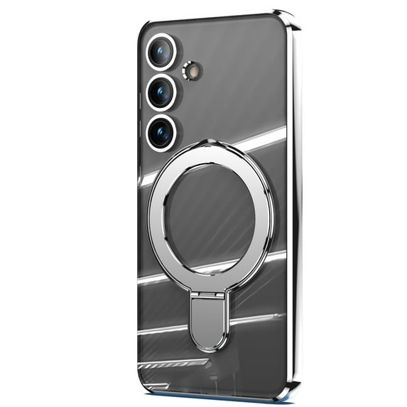 Dteck Invisible Stand Magnetic Case for Samsung Galaxy S24, Compatible with MagSafe, Military Grade Shockproof Clear Slim Cover with Ring Holder for Samsung S24 5G 2024,Silver