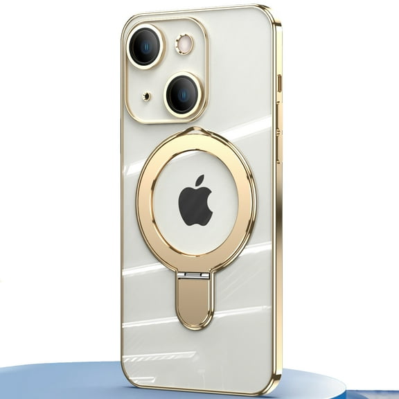 Dteck Invisible Stand Magnetic Case for iPhone 14, MagSafe Compatible, Military Grade Shockproof Clear Slim Cover with Ring Holder,Gold
