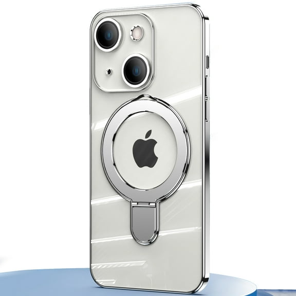 Dteck Invisible Stand Magnetic Case for iPhone 14, MagSafe Compatible, Military Grade Shockproof Clear Slim Cover with Ring Holder,Silver