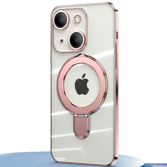 Dteck Invisible Stand Magnetic Case for iPhone 14 Plus, MagSafe Compatible, Military Grade Shockproof Clear Slim Cover with Ring Holder,Rosegold