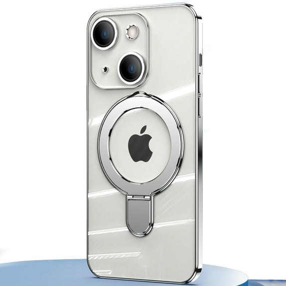 Dteck Invisible Stand Magnetic Case for iPhone 14 Plus, MagSafe Compatible, Military Grade Shockproof Clear Slim Cover with Ring Holder,Silver