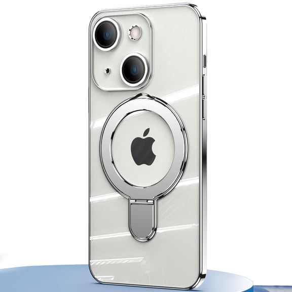 Dteck Invisible Stand Magnetic Case for iPhone 14 Plus, MagSafe Compatible, Military Grade Shockproof Clear Slim Cover with Ring Holder,Silver