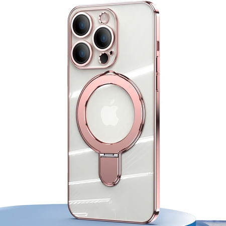 Dteck Invisible Stand Magnetic Case for iPhone 15 Pro, MagSafe Compatible, Military Grade Shockproof Clear Slim Cover with Ring Holder,Rosegold