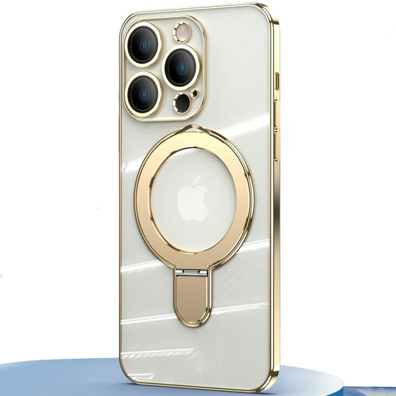 Dteck Invisible Stand Magnetic Case for iPhone 15 Pro Max, MagSafe Compatible, Military Grade Shockproof Clear Slim Cover with Ring Holder,Gold