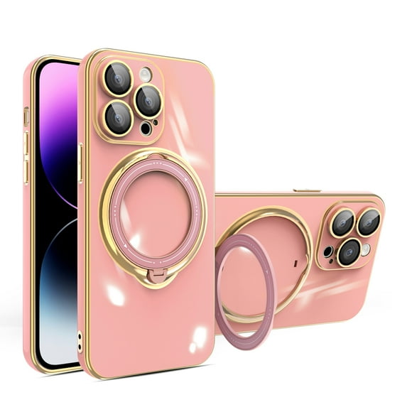 Dteck Invisible Stand Magnetic for iPhone 14 Pro Max Case,Compatible with MagSafe,Rotatable Ring Holder Gold Plating TPU Shockproof Protective Case with Camera Lens Protector,Pink
