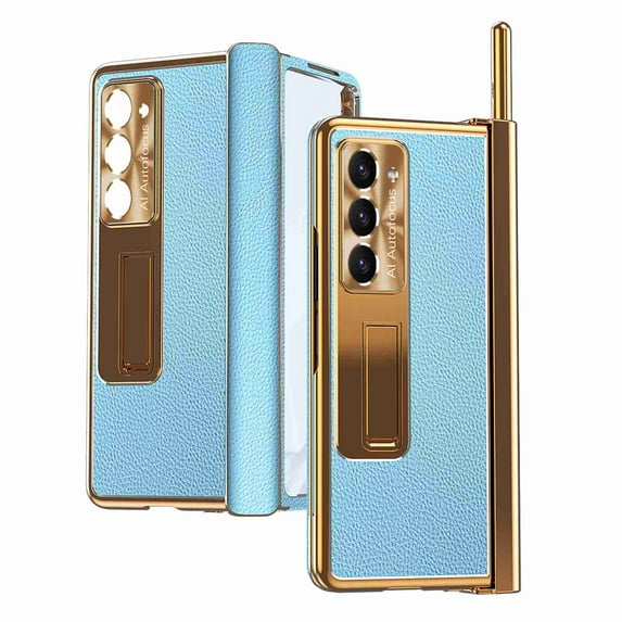 Dteck Kickstand Case for Galaxy Z Fold 5 5G, Hinge Protection Full Body & Built-in Screen Protector, Shockproof Plating PU Leather Stand Case for Samsung Galaxy Z Fold 5 2023,Blue+Gold