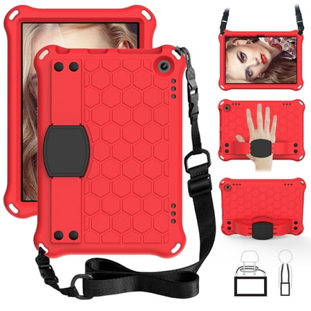 Dteck Kids Case For Amazon Kindle Fire HD 8 / HD 8 Plus Tablet (10th Generation, 2020 Release), Heavy Duty Shockproof Kickstand Case with Removable Shoulder Strap/Flexible Handle Strap, Red + Black