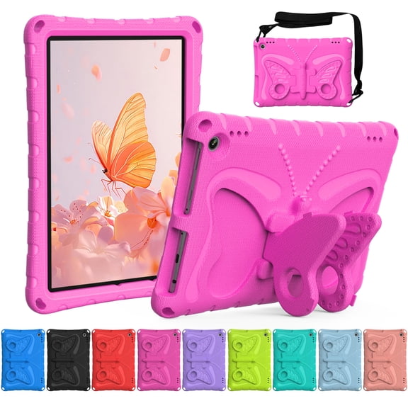 Dteck Kids Case for Fire HD 10 / Fire HD 10 Plus Tablet (13th/11th Generation, 2023/2021 Release),Lightweight Shockproof Case with Butterfly Wing Stand Shoulder Strap,Rose