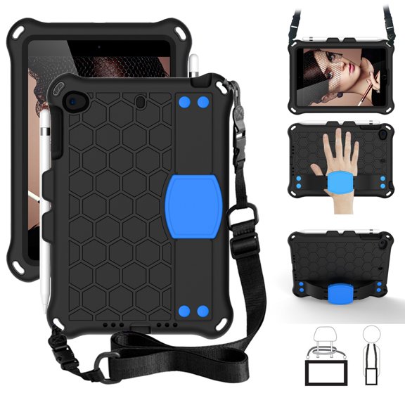 Dteck Kids Case For iPad mini 1 2 3 4 5 7.9 inch, Light Weight Shockproof Handle Kickstand Protective Cover With Shoulder Strap, Black/Blue