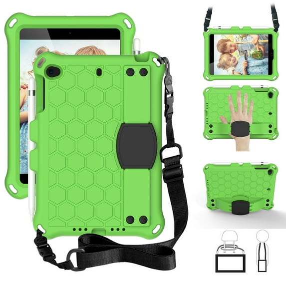Dteck Kids Case For iPad mini 1 2 3 4 5 7.9 inch, Light Weight Shockproof Handle Kickstand Protective Cover With Shoulder Strap, Green/Black
