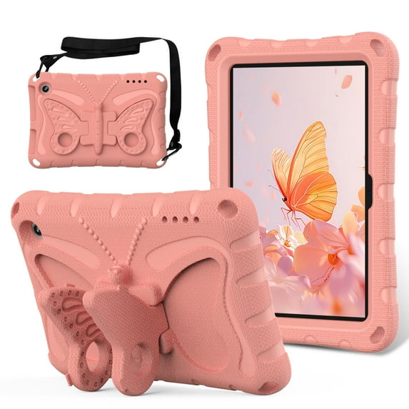 Dteck Kids Case for Kindle Fire HD7 2022, Lightweight EVA Stand Durable Shockproof Child Butterfly Case with Shoulder Strap for Kindle Fire HD7 2022,Lightpink