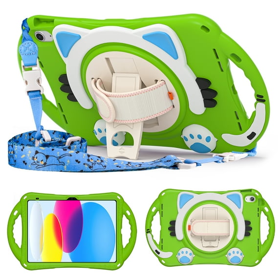 Dteck Kids Case for New iPad 10th Generation, Shockproof Handle Stand Case with Rotatable Hand Strap/Shoulder Strap for iPad 10th Gen 10.9" 2022,Green