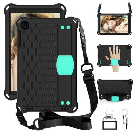 Dteck Kids Case For Samsung Galaxy Tab A 10.1 Inch Model SM-T510/SM-T515 2019, Light Weight Shockproof Handle Kickstand Protective Cover With Shoulder Strap, Black/Mint