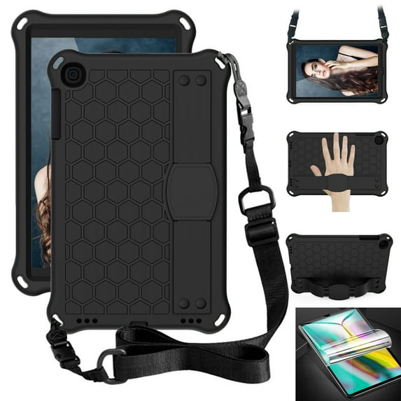 Dteck Kids Case For Samsung Galaxy Tab A 10.1 Inch Model SM-T510/SM-T515 2019 with PET Screen Protector, Light Weight Shockproof Handle Kickstand Protective Cover With Shoulder Strap, Black