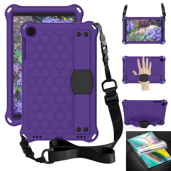Dteck Kids Case For Samsung Galaxy Tab A 10.1 Inch Model SM-T510/SM-T515 2019 with PET Screen Protector, Light Weight Shockproof Handle Kickstand Protective Cover With Shoulder Strap, Purple/Black