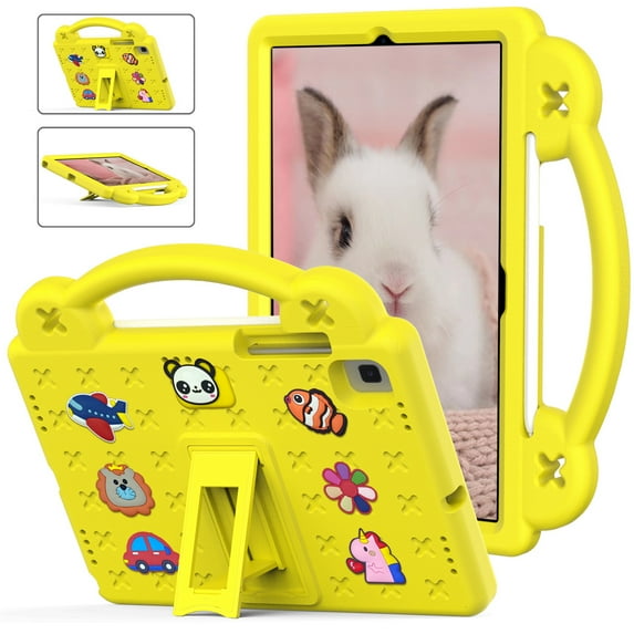 Dteck Kids Case for Samsung Galaxy Tab A7 10.4" 2020/ Tab S6 Lite 2022/2020/ Tab S5e 10.5 inch/Tab S6 2019, Shockproof Light Wight Handle Kickstand Case with DIY Dolls, Yellow