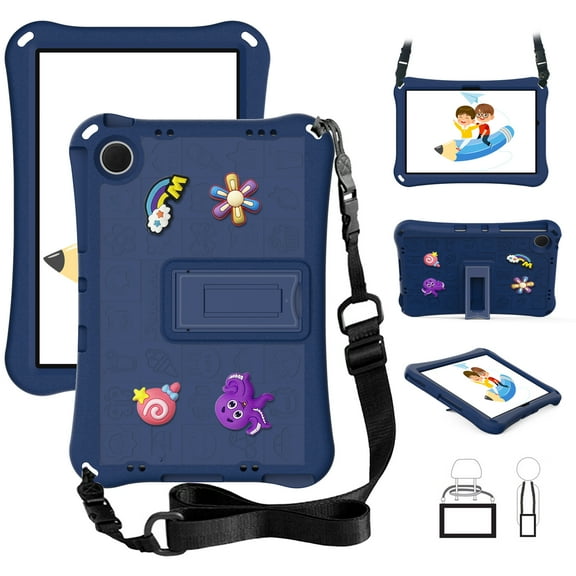 Dteck Kids Case for Samsung Galaxy Tab A9 Plus 11 Inch (SM-X210/X215/X216/X218),Shockproof EVA DIY Cartoon Case Kickstand Cover with Shoulder Strap for Galaxy Tab A9+,Navyblue