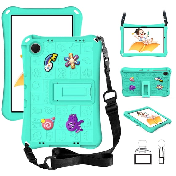 Dteck Kids Case for Samsung Galaxy Tab A9 Plus 11 Inch (SM-X210/X215/X216/X218),Shockproof EVA DIY Cartoon Case Kickstand Cover with Shoulder Strap for Galaxy Tab A9+ ,Mintgreen