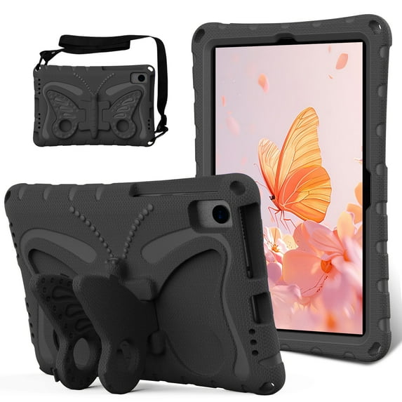 Dteck Kids Case for Samsung Galaxy Tab S6 Lite 10.4 inch (2024/2022/2020) & Tab S6 & Tab S5e 10.5 Inch Case with Shoulder Strap Butterfly Wings Stand Rugged Cover,Black