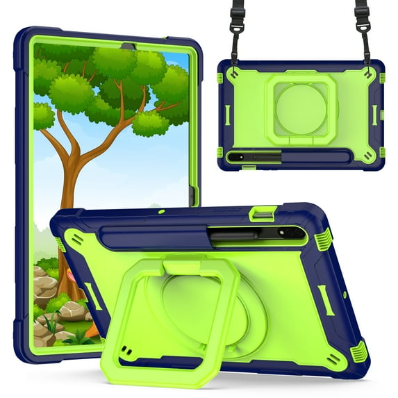 Dteck Kids Case for Samsung Galaxy Tab S8 X700 X706 (2022)/Tab S7 T870 T875 (2020) 11-inch ,Shockproof Rubber Hybrid PC Hard Case with Shoulder Strap Handle Kickstand Kids Friendly Cover,Navy+Green