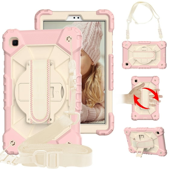 Dteck Kids Case for Samsung Tab A7 Lite 8.7" SM-T220 SM-T225, Heavy Duty Rugged Shockproof Case with Adjustable Hand Strap, Carrying Shoulder Strap, Rotating Kickstand, Rosegold + Beige