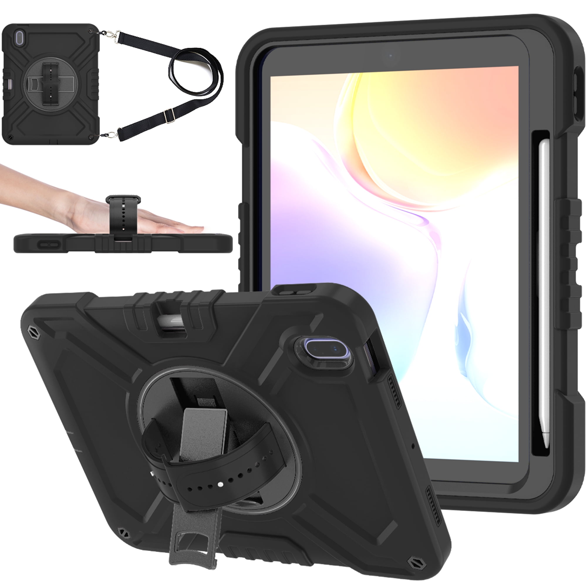 Dteck Kids Case for iPad 10th Generation Case 2022, Military Grade Shockproof Rugged Cover for iPad 10th Gen 10.9 Inch with 360° Swivel Stand - Handle - Shoulder Strap - Pencil Holder,Black