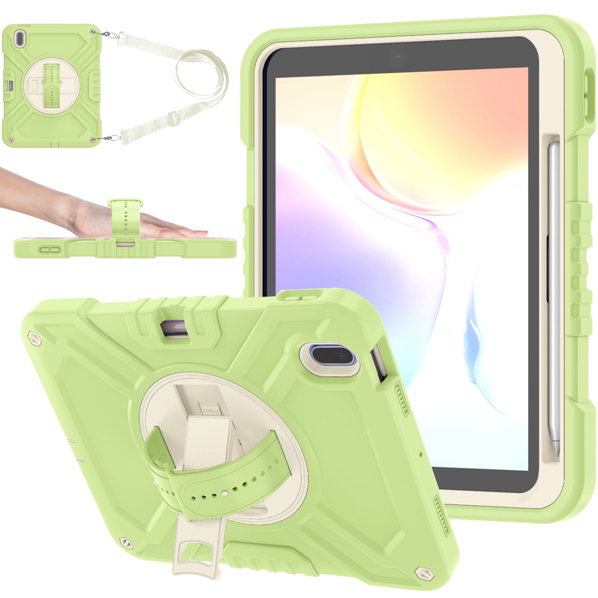 Dteck Kids Case for iPad 10th Generation Case 2022, Military Grade Shockproof Rugged Cover for iPad 10th Gen 10.9 Inch with 360° Swivel Stand - Handle - Shoulder Strap - Pencil Holder,Green White