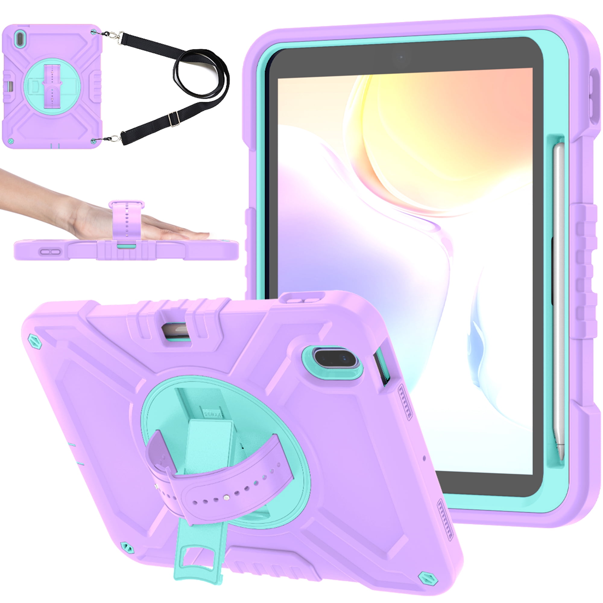 Dteck Kids Case for iPad 10th Generation Case 2022, Military Grade Shockproof Rugged Cover for iPad 10th Gen 10.9 Inch with 360° Swivel Stand - Handle - Shoulder Strap - Pencil Holder,Purple Green