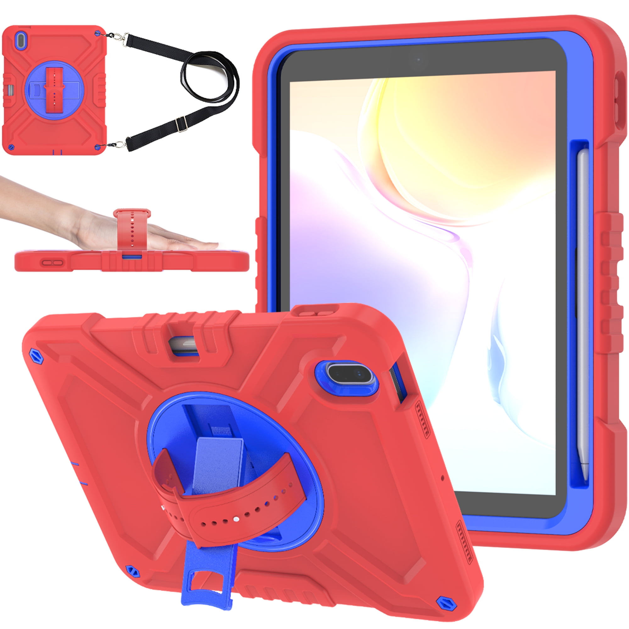 Dteck Kids Case for iPad 10th Generation Case 2022, Military Grade Shockproof Rugged Cover for iPad 10th Gen 10.9 Inch with 360° Swivel Stand - Handle - Shoulder Strap - Pencil Holder,Red Blue