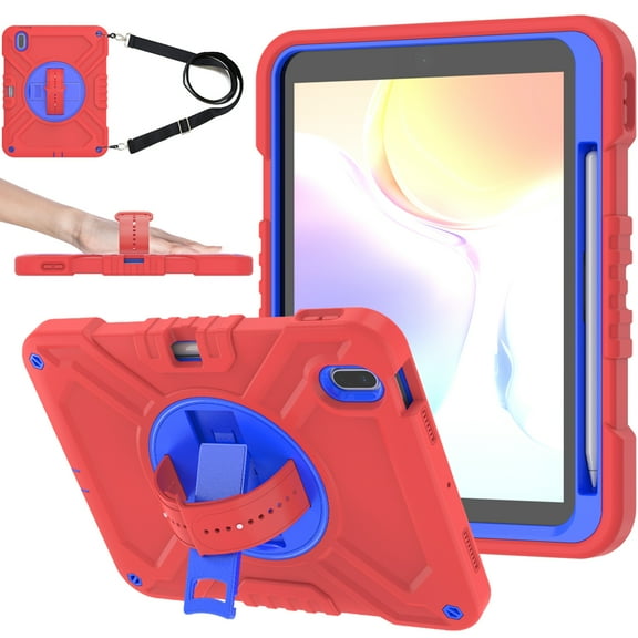 Dteck Kids Case for iPad 10th Generation Case 2022, Military Grade Shockproof Rugged Cover for iPad 10th Gen 10.9 Inch with 360° Swivel Stand - Handle - Shoulder Strap - Pencil Holder,Red Blue