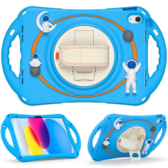 Dteck Kids Case for iPad 11-inch (A16) 2025 / iPad 10th Generation 10.9" 2022,Heavy Duty Silicone Case Shockproof Hard Handle Grip Hand Strap Kickstand Boy Girl Cover with Pencil Holder, Blue