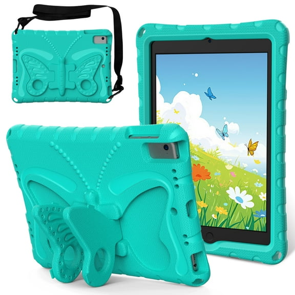 Dteck Kids Case for iPad 5th/6th Generation/iPad Air/Air 2/iPad Pro 9.7-inch,Cute Butterfly EVA Case Kickstand Lightweight Cover with Shoulder Strap,Mint
